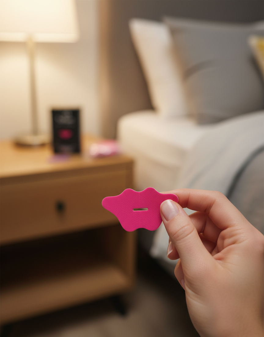 Womans Hand holding a pink Lip Shaped Tui Tape Mouth Tape in a blurred bedroom setting