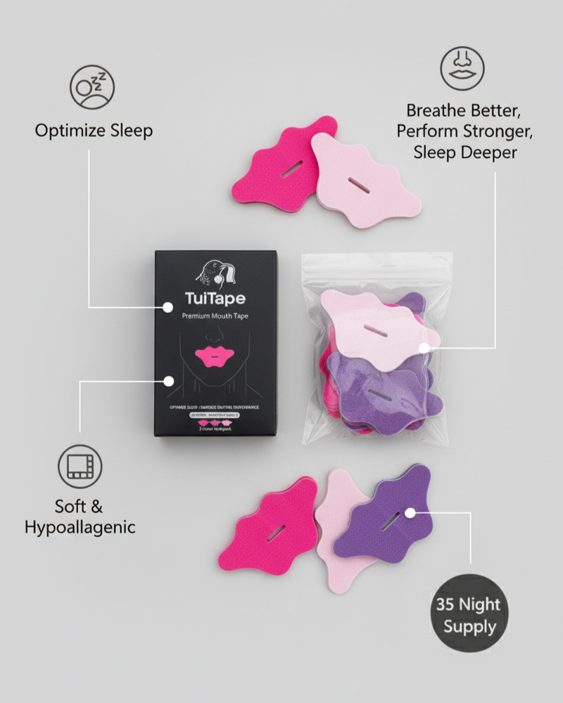 Diagramatic Tui Tape packaging with colorful Lip Shaped Mouth Tape spraed out on a light gray background