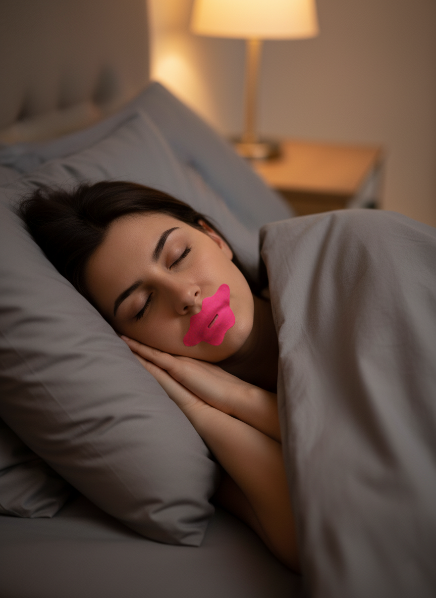 Woman sleeping in bed with pink Tui Tape Lip Shaped Mouth Tape on her lips