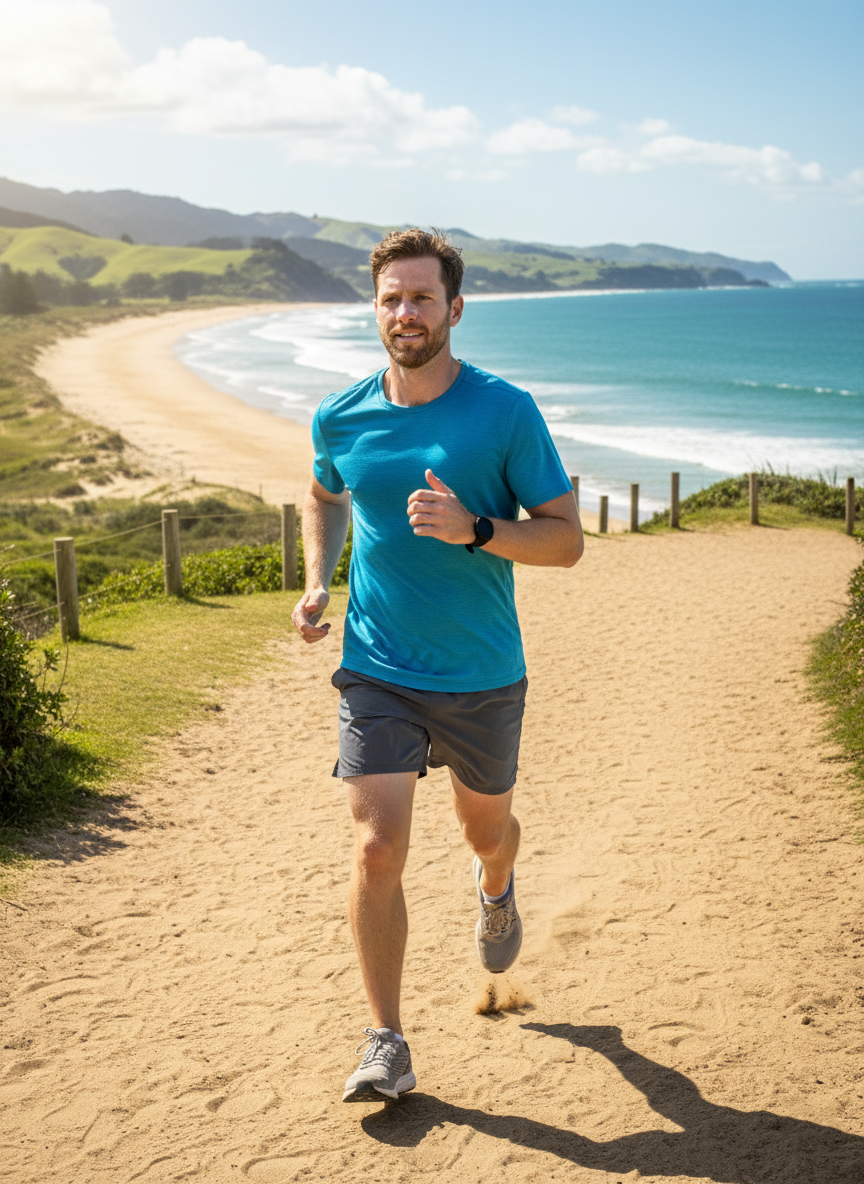 Man running on a path by the beach with mountains in the background with Tui Tape Transparent Nasal Strip on his nose