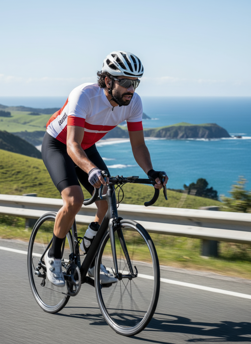 Cyclist riding on a road with a scenic view of the ocean and cliffs wearing Tui Tape Transparent Nasal Strips on his nose