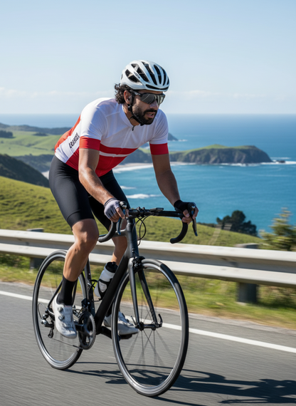 Cyclist riding on a road with a scenic view of the ocean and cliffs wearing Tui Tape Transparent Nasal Strips on his nose